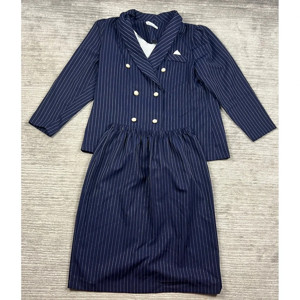 Style Setter Fashions Skirt Suit Womens XL Navy Pinstripe Pearl Button Vintage
